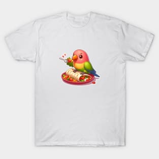 cute love birds are eating Mexican specialties, Tacos, Burritos, Enchiladas, Quesadillas, Guacamole, Fajitas, Chiles Rellenos, Tamales, Mole, Chilaquiles, T-Shirt